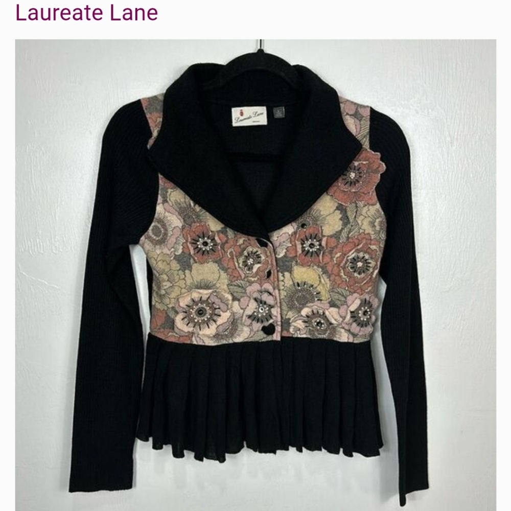 Floral Knit Cardigan with Black Sleeves